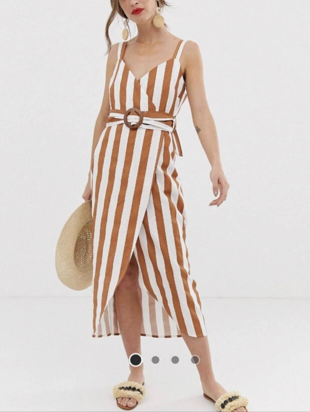 💚 Asos Striped Tie-Back Linen Midi Dress, Size 24